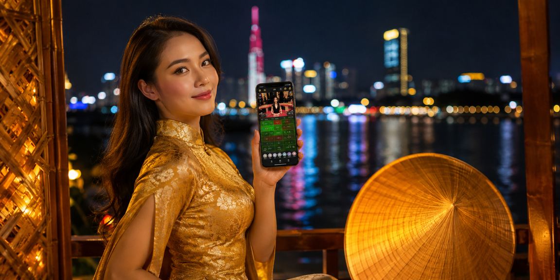 Người dùng TP.HCM xem kèo thể thao trên điện thoại trong trang phục áo dài