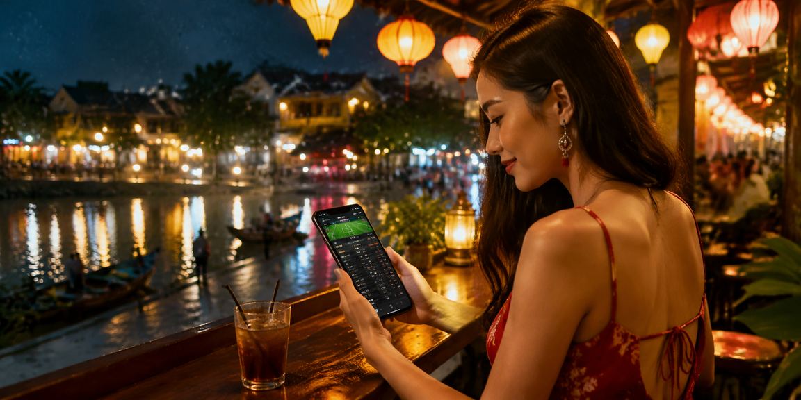 Người dùng Việt Nam đặt cược thể thao qua ứng dụng di động tại quán cà phê Hội An